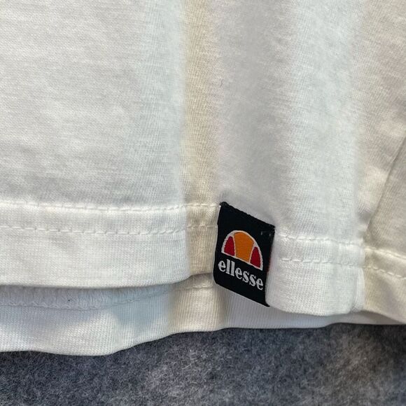 Vintage ELLESSE T-Shirt Men's Large White Big Logo Trashed Moa Ringer Graphic - Picture 6 of 16